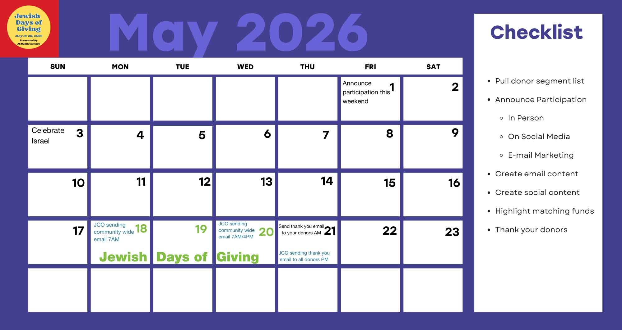 Jewish Days of Giving Calendar May 2026