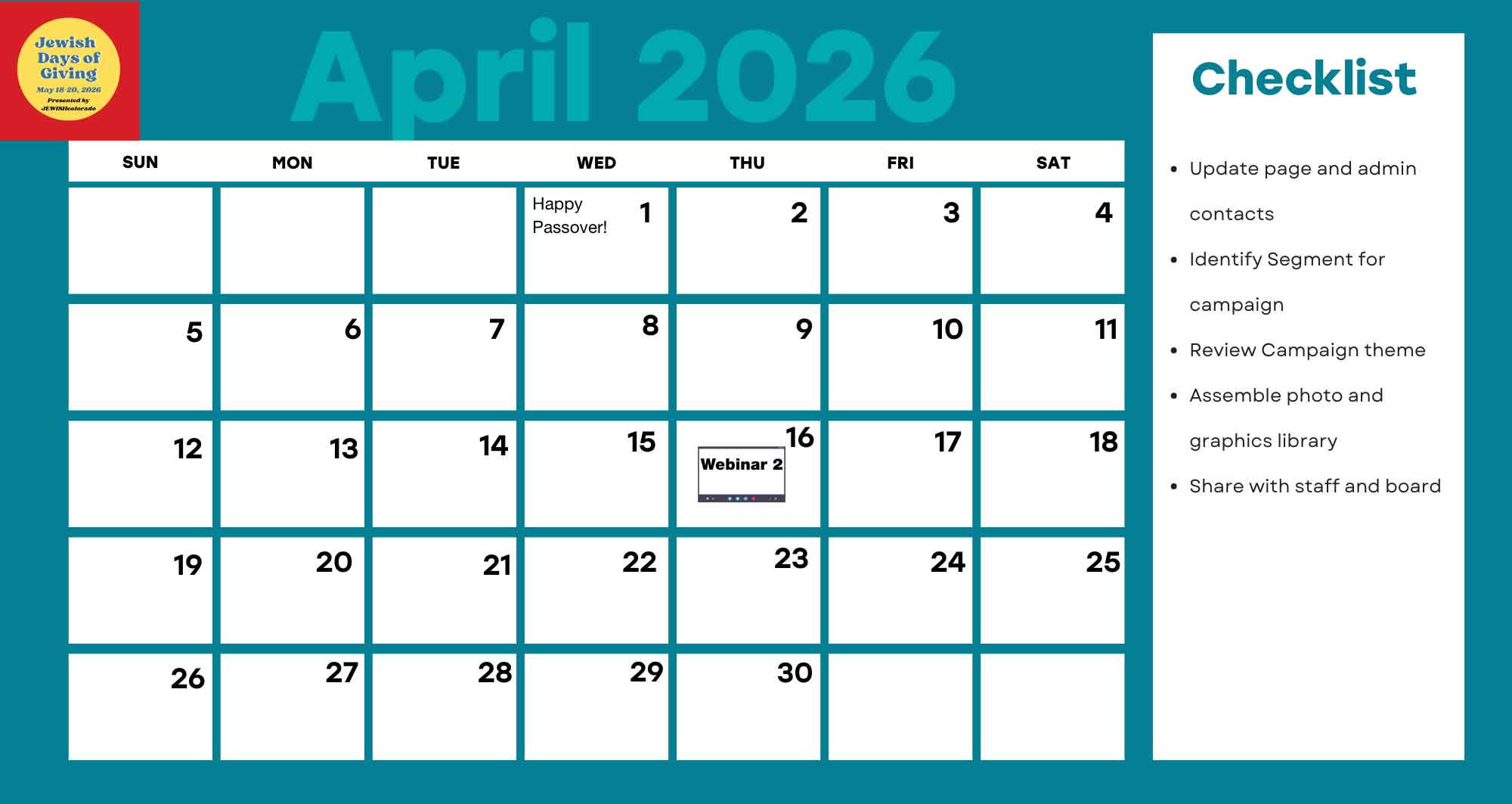 Jewish Days of Giving Calendar April 2026